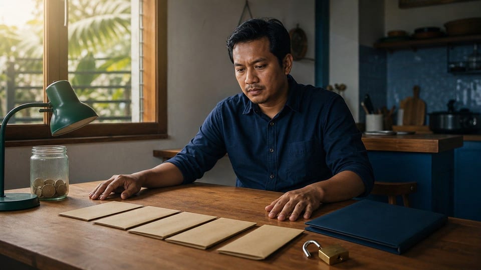 Seorang dewasa Indonesia menata amplop tunggakan kosong, folder kredit, toples koin, dan gembok terbuka di meja dapur.