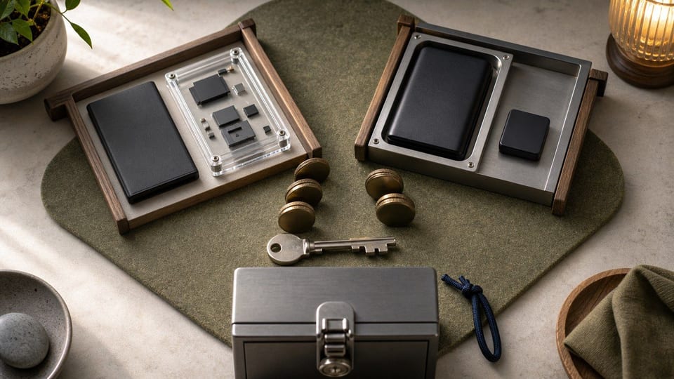 Zwei unterschiedliche Hardware-Wallets liegen in getrennten Sicherheitsbereichen neben Sparmünzen, Schlüssel und Schließfach.