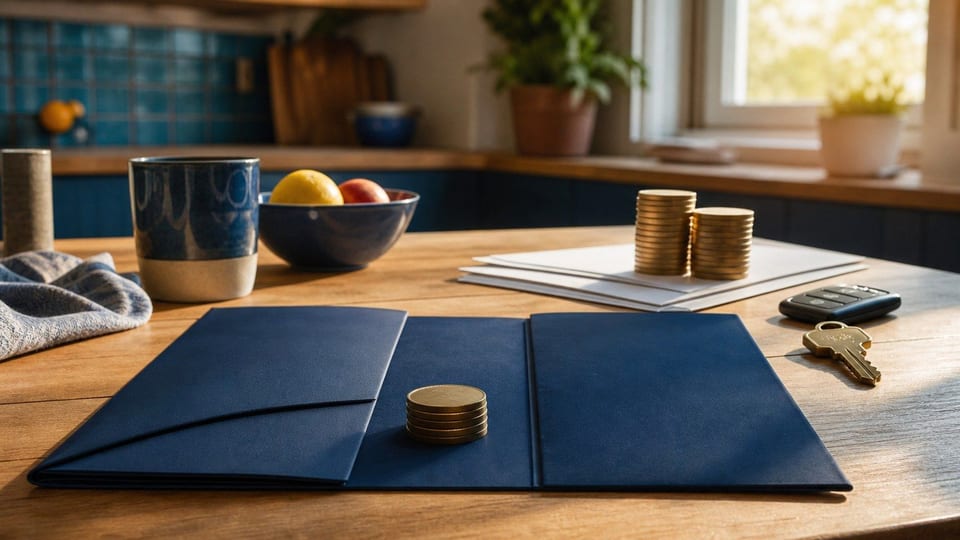 Carpeta de financiamiento, llaves y montones de monedas muestran el pago inicial de una compra.