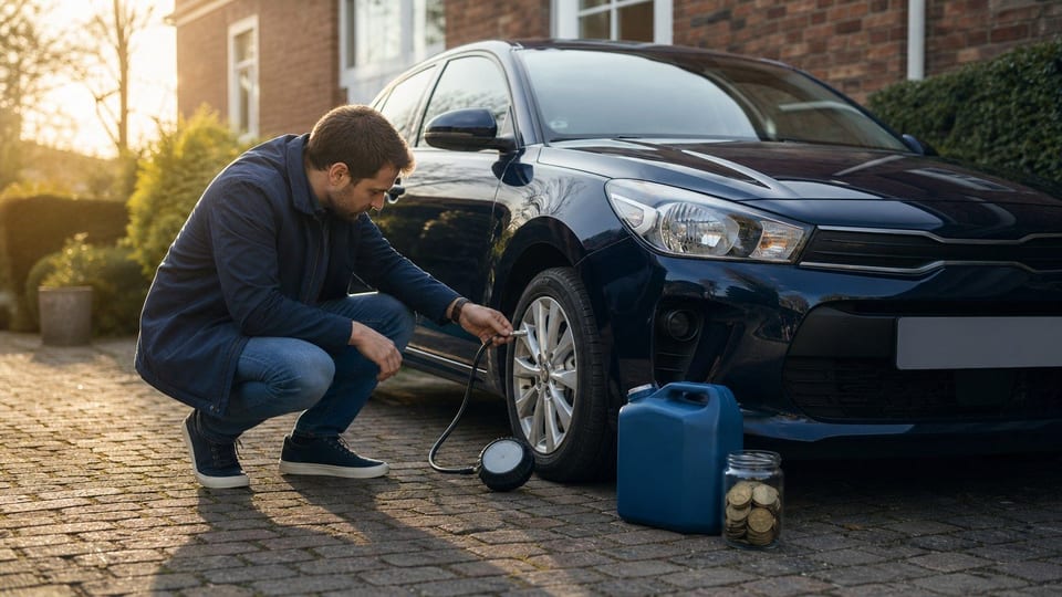 Eine Person prüft den Reifendruck an einem dunkelblauen Auto neben einem Benzinkanister und einem Sparglas.
