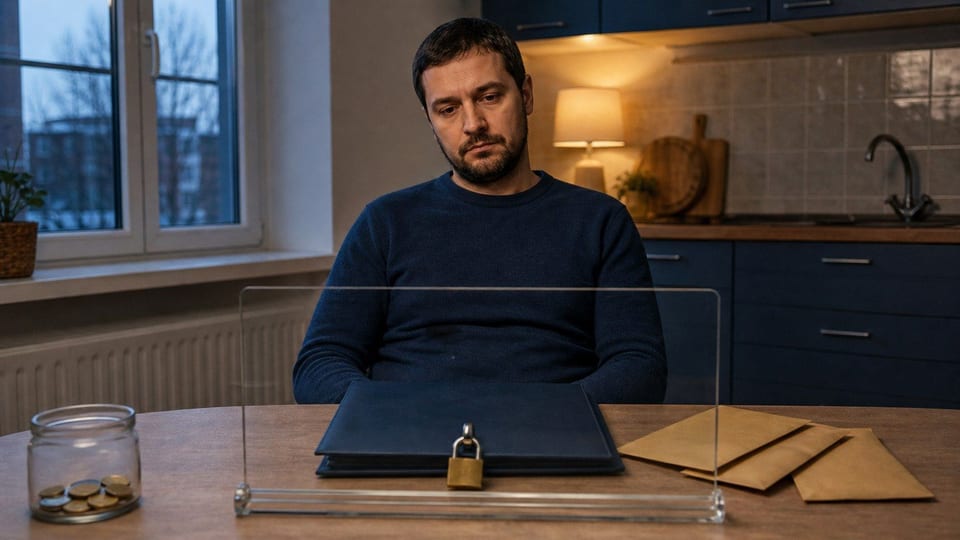 Egy kérelmező ül a konyhaasztalnál, ahol lezárt banki mappa és üres alternatív hitelborítékok vannak.