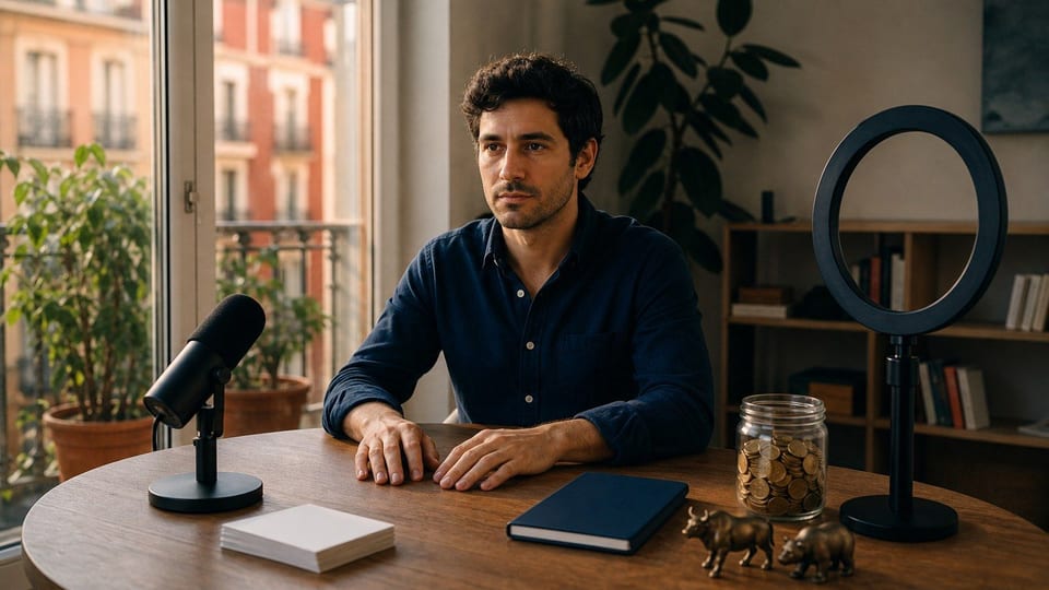 Un creador de finanzas graba una lección con micrófono, luz de aro y objetos de inversión sin marcas.