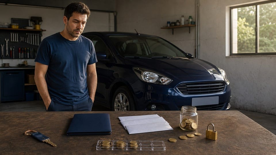 Motorista organizando o pagamento de IPVA atrasado com chave do carro, envelopes e discos metálicos.