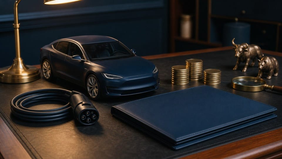Sügavsinine elektriauto mudel seisab laual laadimiskaabli, mündivirnade ja investeerimisrekvisiitidega.