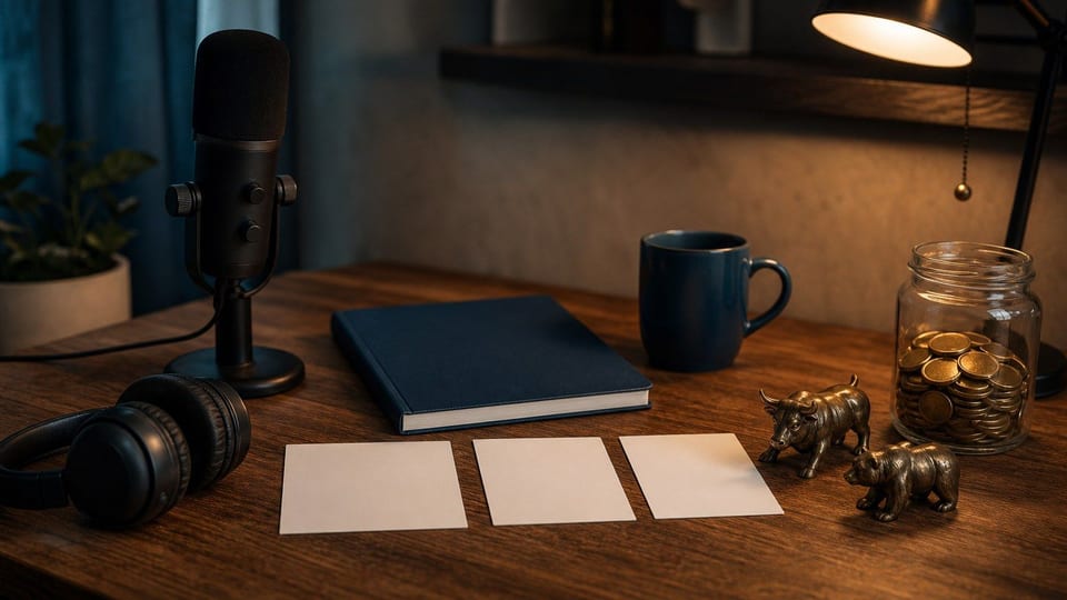 Una mesa de podcast financiero con audifonos, microfono, libreta en blanco y monedas sin marcas.