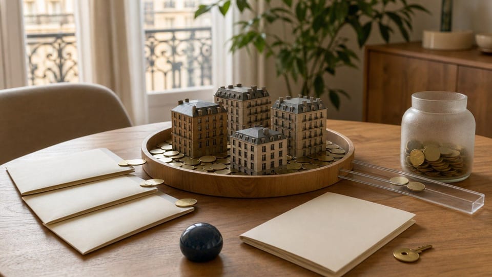 Maquettes d'immeubles et pièces sur une table pour illustrer un investissement en SCPI.