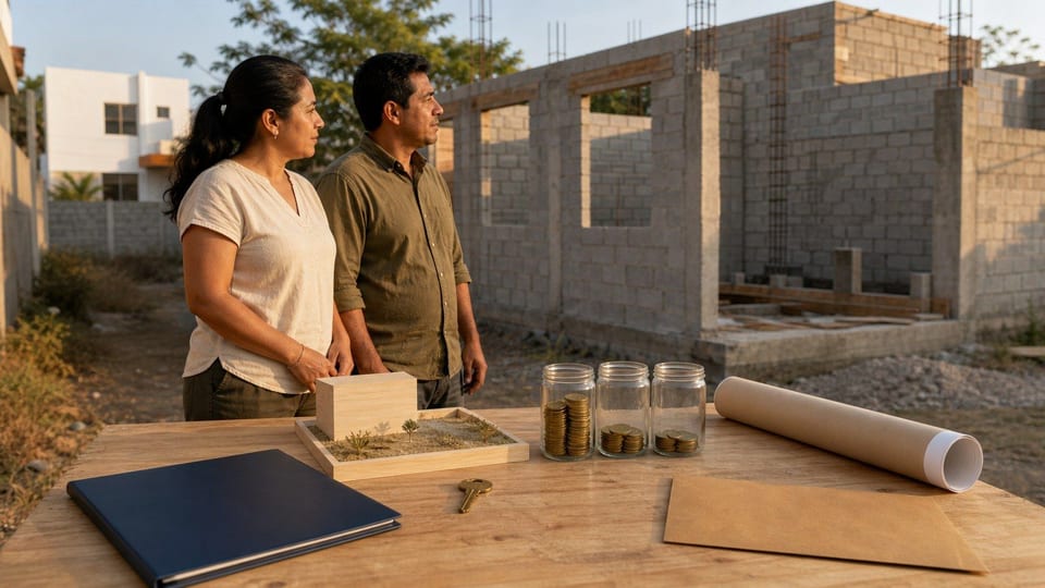 Pareja revisando una obra de vivienda con documentos y frascos de desembolso sobre una mesa.