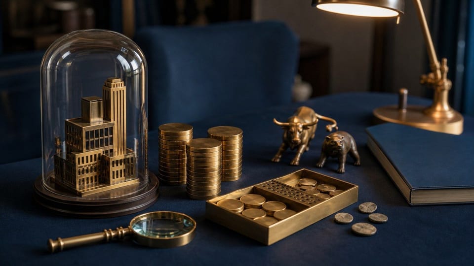 A quality-stock investing desk shows a protected company model, coin columns, and a filter tray.