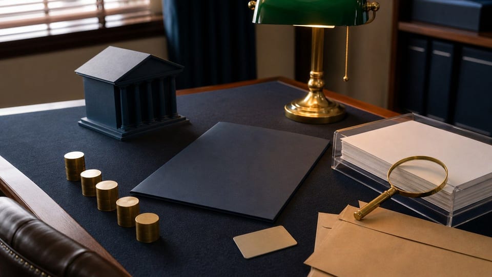 Carpeta de solicitud, documentos en blanco, sobres y monedas muestran la verificación de domicilio.