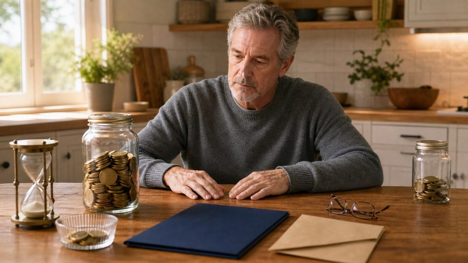 An older American adult reviews a retirement withdrawal decision at a kitchen table with savings jars and blank account folders.