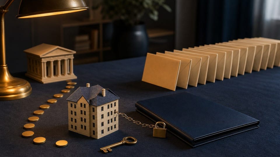Mesa com modelo de imóvel, pasta de financiamento em branco, chave, moedas e envelopes mensais ao fundo.