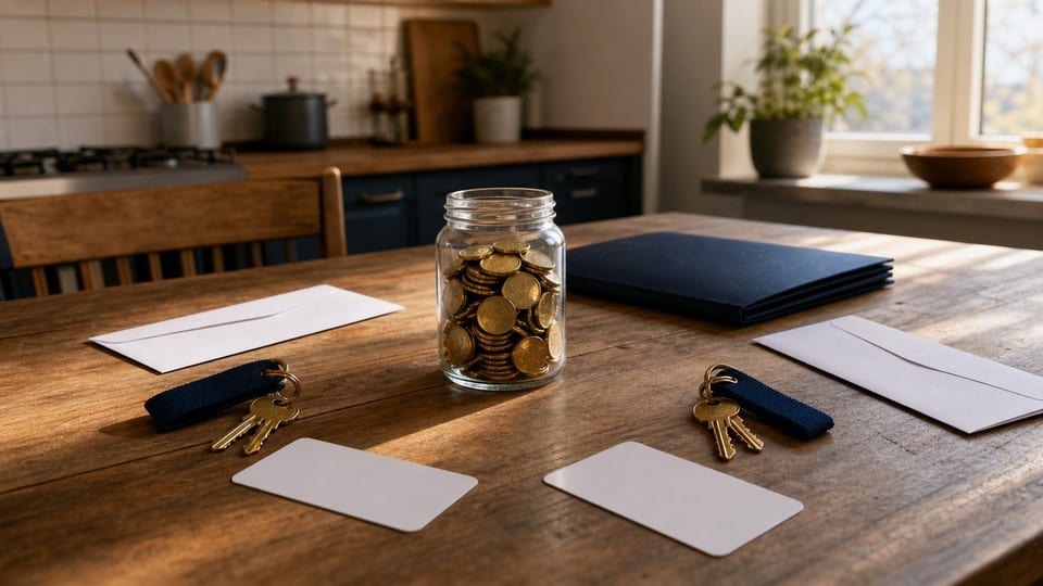 Deux jeux de clés, deux cartes bancaires vierges et un budget commun sur une table de cuisine.