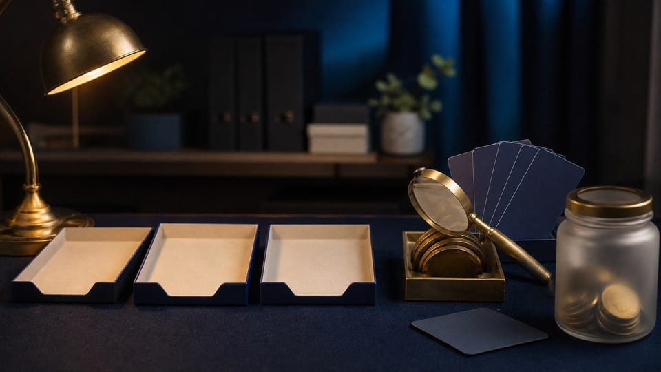 Blank credit cards, bureau file trays, coins, and a magnifying glass sit on a navy finance desk.