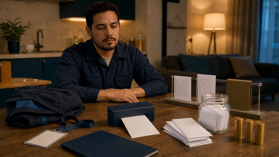 Empleado revisa un adelanto de nómina con sobres de salario, facturas y monedas sobre la mesa.