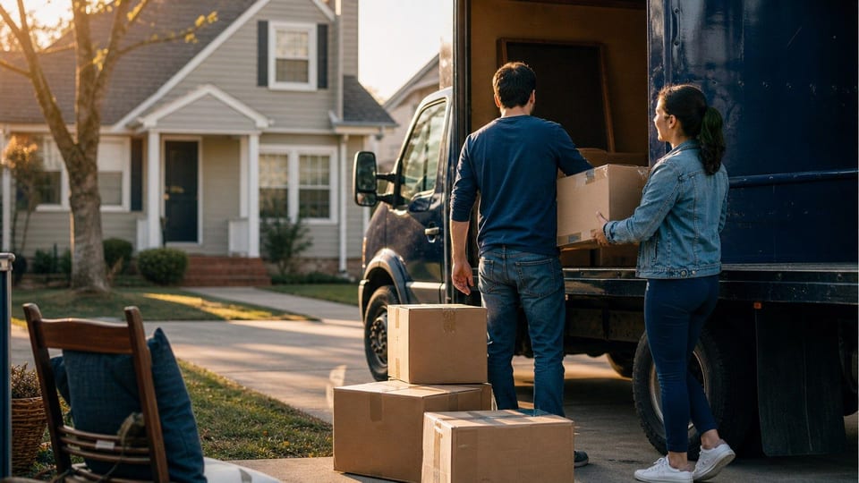 A young couple loading the last cardboard moving boxes into a small navy rental truck outside a modest american suburban house