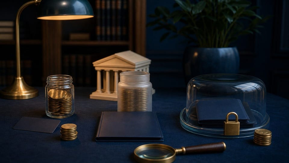 Három banki számlatípus üres mappákkal, kártyával, megtakarítási üvegekkel és banképület modellel egy asztalon.