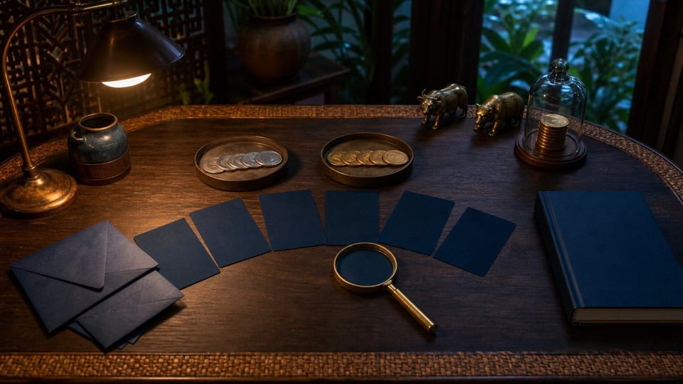 Meja strategi trading forex dengan kartu kosong, baki koin valuta asing, kaca pembesar, serta figur banteng dan beruang.