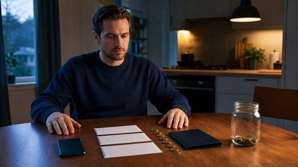 An American adult reviews a small mobile cash advance at a kitchen table with blank envelopes, a face-down phone, a savings jar, and coin stacks.