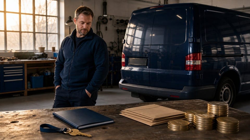 En norsk småbedriftseier står ved en umerket varebil i et verksted med bilnøkkel, lånemappe og betalingskonvolutter på arbeidsbenken.