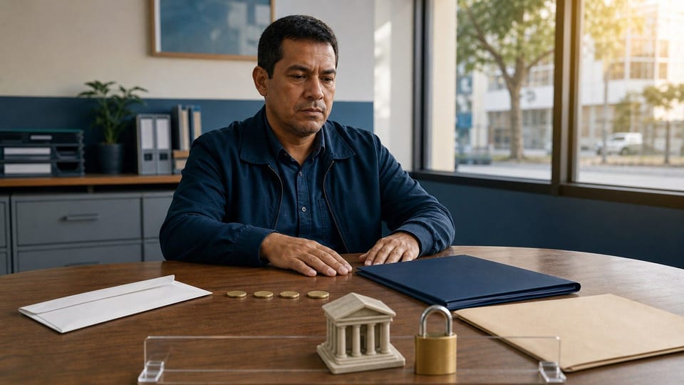 Funcionário público brasileiro avalia pasta de consignado, envelope de salário e moedas em uma mesa de escritório.