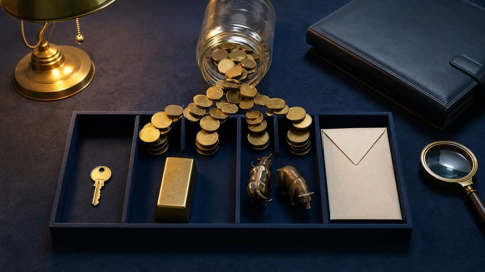 Mince proudící ze sklenice do oddělených investičních přihrádek znázorňují rozložení jednorázové investice.