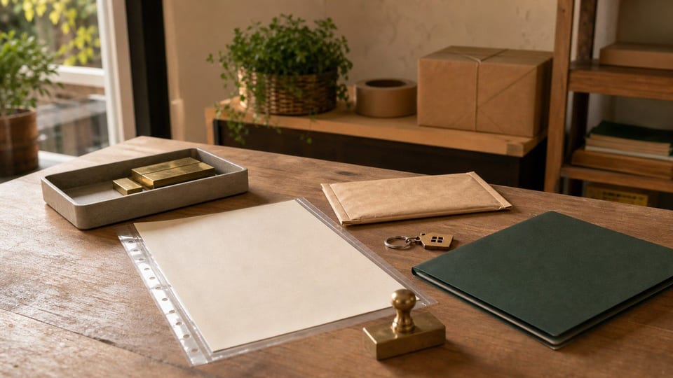 Certificado MEI em capa plástica sobre mesa de microempreendedor com carimbo, pasta verde e itens de negócio.