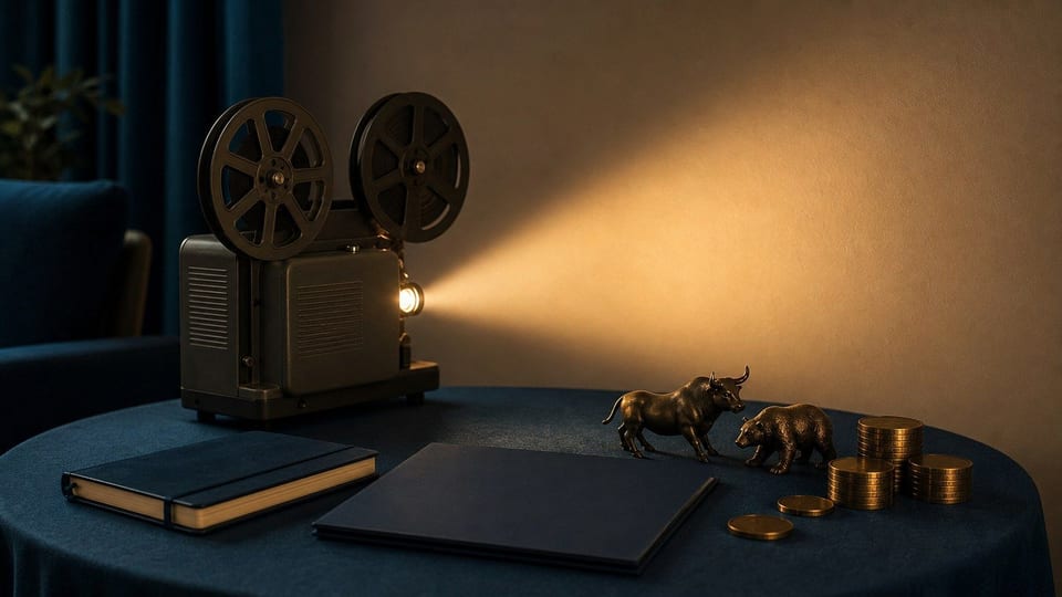 Una mesa de noche de peliculas financieras con proyector, carpetas en blanco y pilas de monedas sin marcas.
