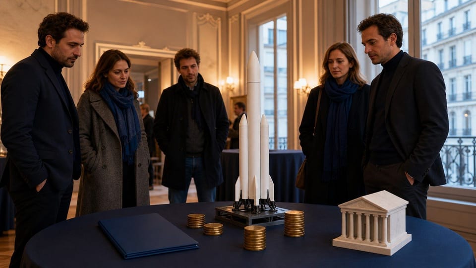 Des investisseurs particuliers observent une maquette de fusée entourée de dossiers vierges et de piles de pièces lors d'un événement d'investissement.