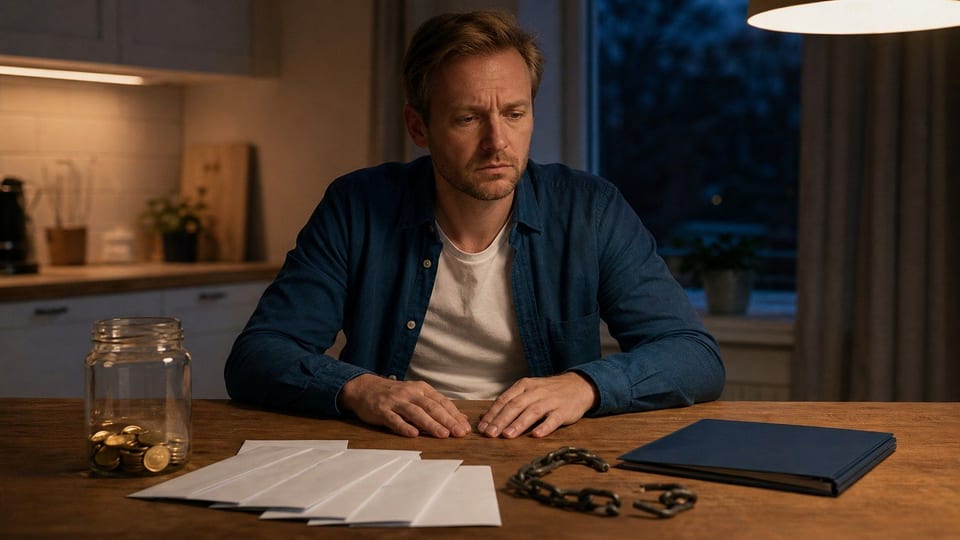 En person sidder ved et køkkenbord med blanke gældskuverter, en åben kæde og et næsten tomt møntglas.
