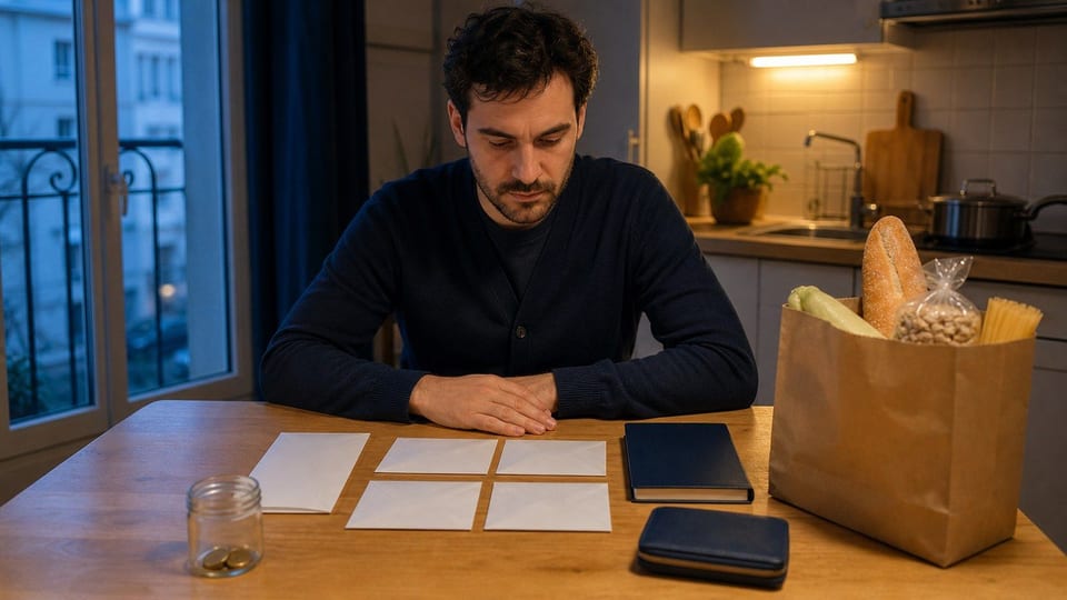 Adulte à une table de cuisine préparant un budget serré avec enveloppes, courses modestes et petit bocal d'épargne.