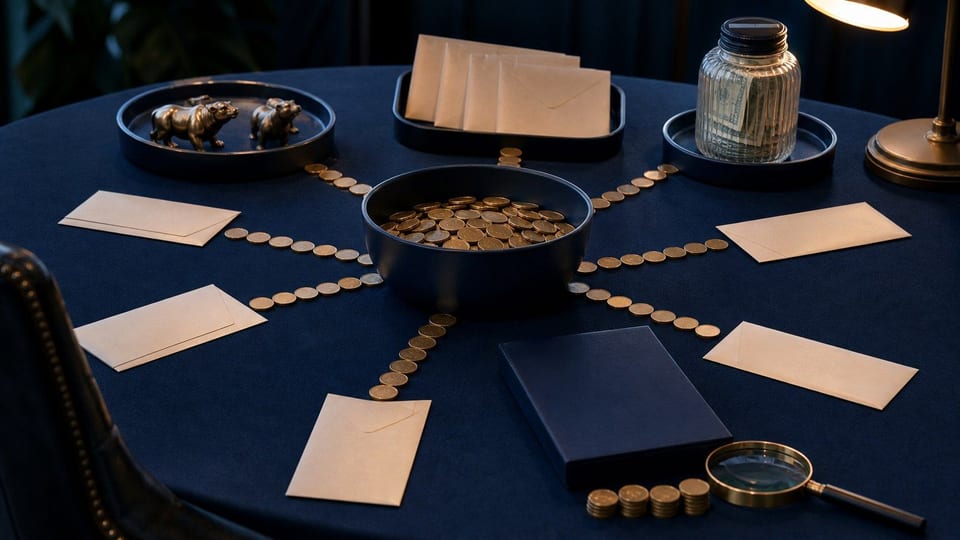 Several blank investor envelopes feed brass money markers into a pooled mutual fund bowl on a deep navy investment desk.