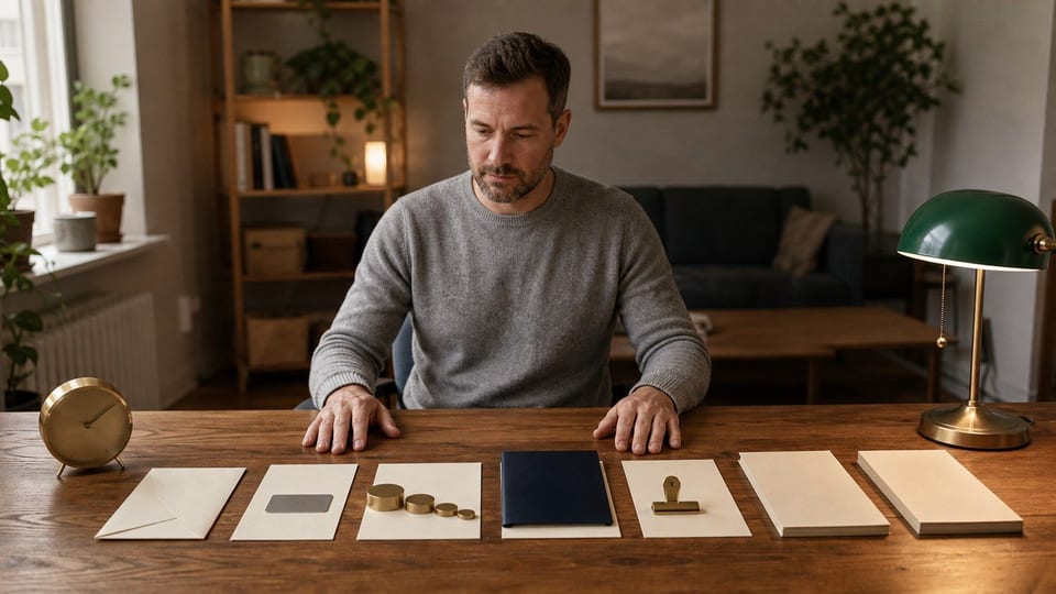 An American adult follows a credit-repair routine using blank payment cards, account folders, balance tokens, and a clock.