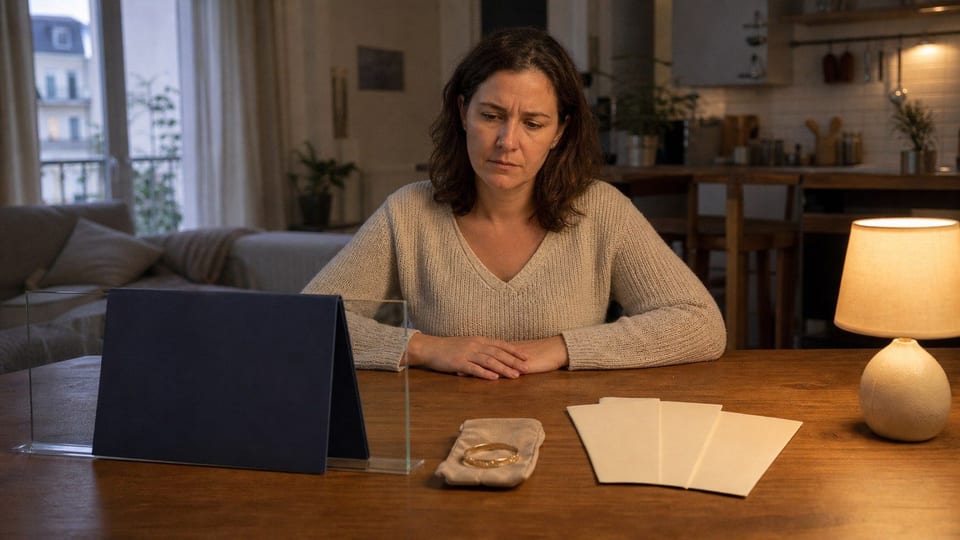 Personne à une table de cuisine avec des enveloppes vierges, un dossier bancaire fermé et un bijou mis de côté pour une solution urgente.