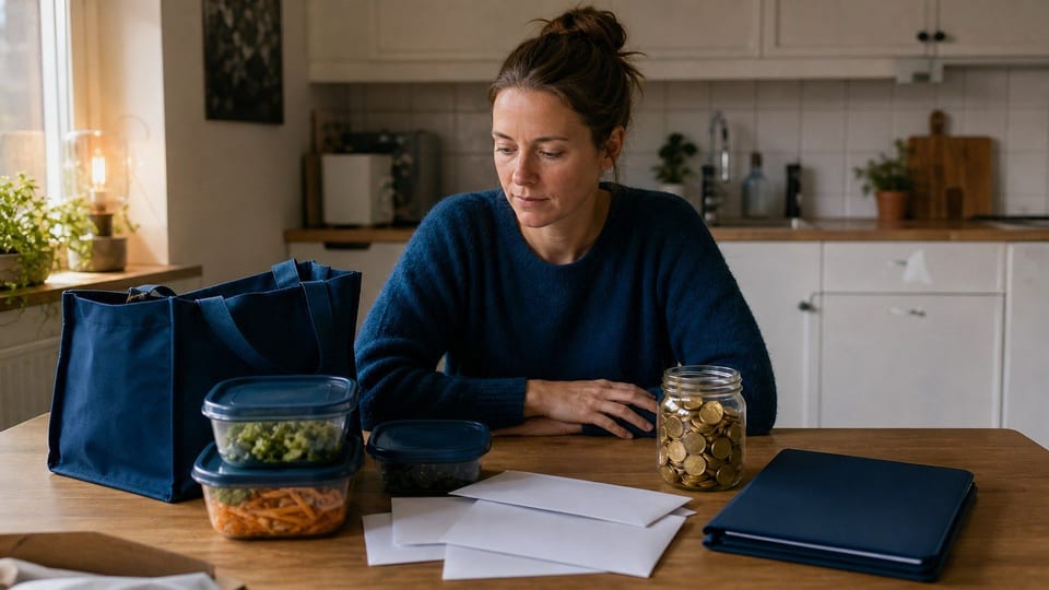 En person förbereder vardagssparande vid ett köksbord med matlådor, tomma kuvert och en sparburk med mynt.