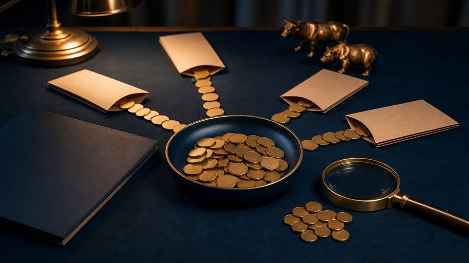 Mince plynoucí z několika obálek do společné fondové nádoby znázorňují investování do podílových fondů.
