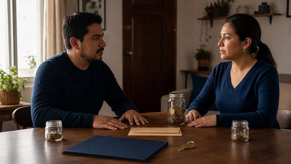 Dos personas conversan sobre un préstamo personal con un sobre, una carpeta azul y frascos de monedas sobre la mesa.