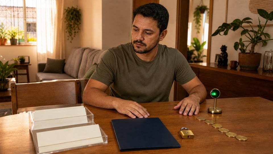 Pessoa avaliando um empréstimo consignado em uma mesa com pasta de crédito, envelopes em branco e moedas.