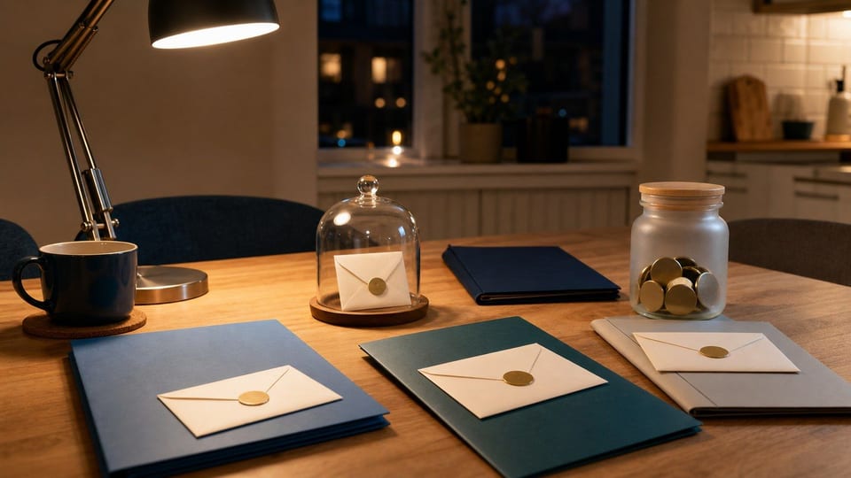 Auf einem nächtlichen Küchentisch liegen leere Kreditumschläge, Alternativmappen, ein Sparglas und glatte Münzstapel.