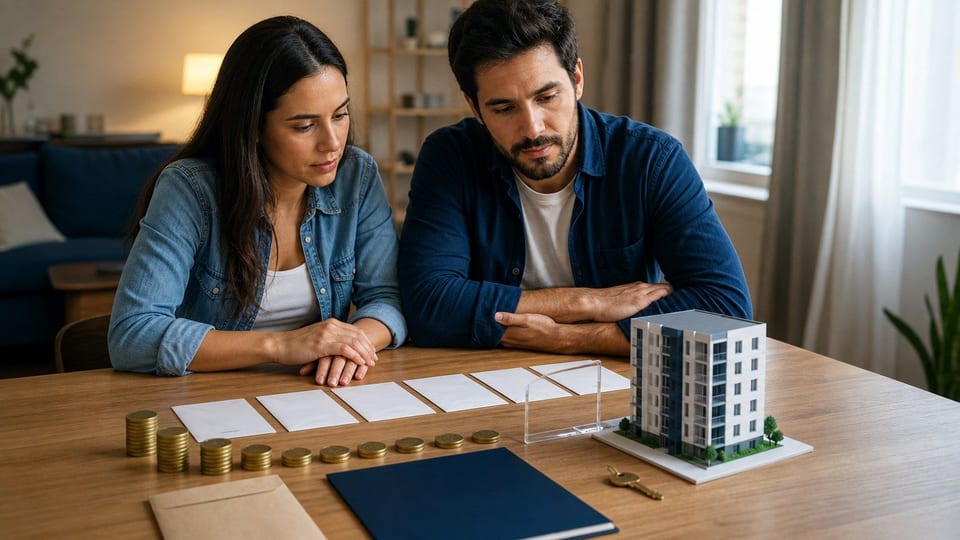 Casal planejando financiamento imobiliário com chave, modelo de apartamento, envelopes e pilhas de dinheiro.