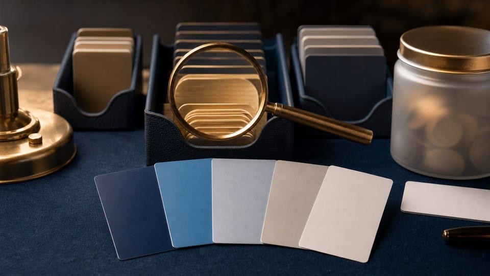 Blank credit cards are arranged beside credit-file trays, a magnifying glass, an ID card, and a jar of coins.