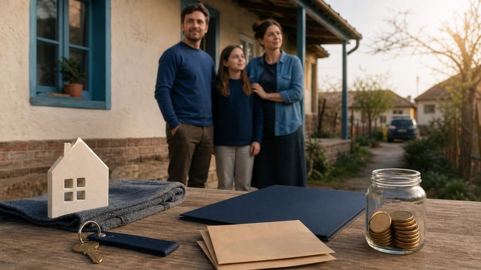 Fiatal család áll egy falusi ház előtt, az asztalon lakáskulcs, házmodell, üres támogatási mappa, borítékok és megtakarítási üveg jelképezi a Falusi CSOK-ot.