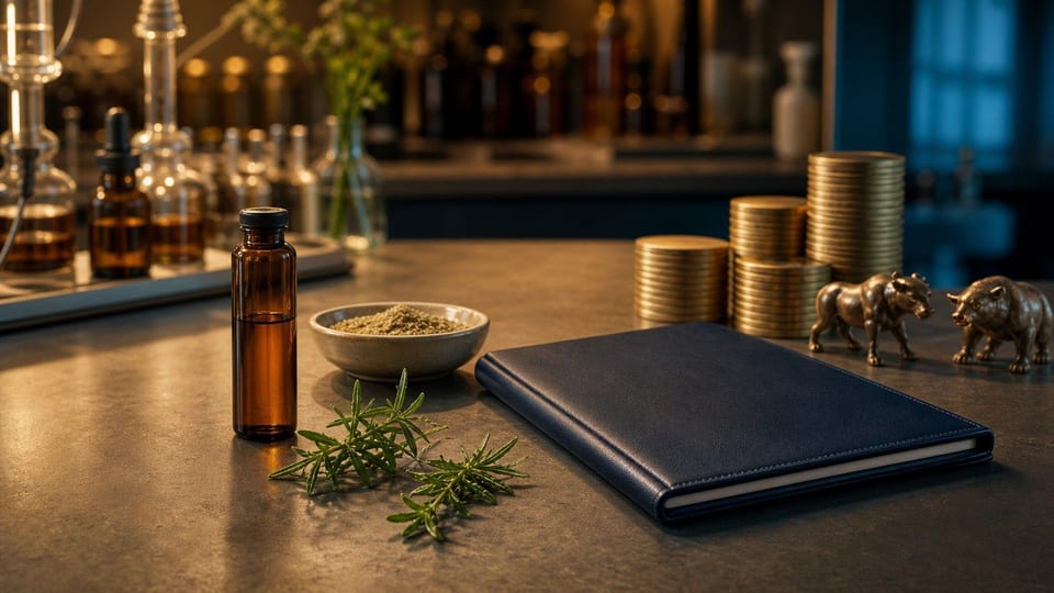 Een laboratoriumtafel met een parfumflesje, botanische ingrediënten, een portefeuillemap en muntenschijven.