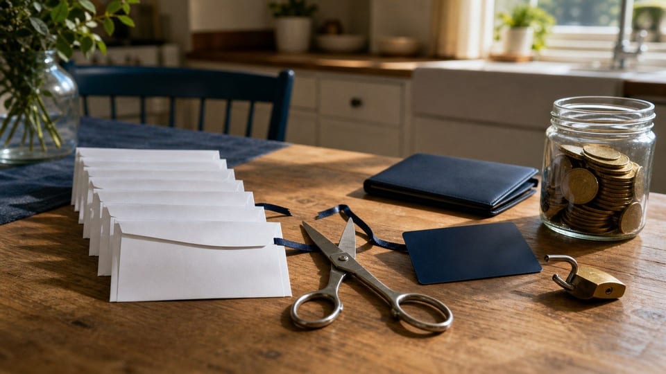 A blank credit card is separated from recurring payment envelopes by a cut navy loop, with coins and an open padlock nearby.