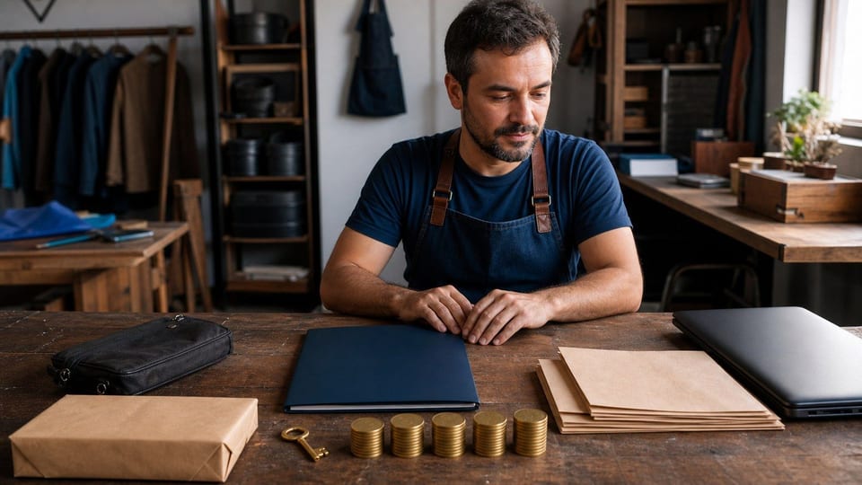 Profissional autônomo brasileiro em uma mesa de trabalho preparando uma solicitação de empréstimo com envelopes, pasta azul-marinho e moedas.