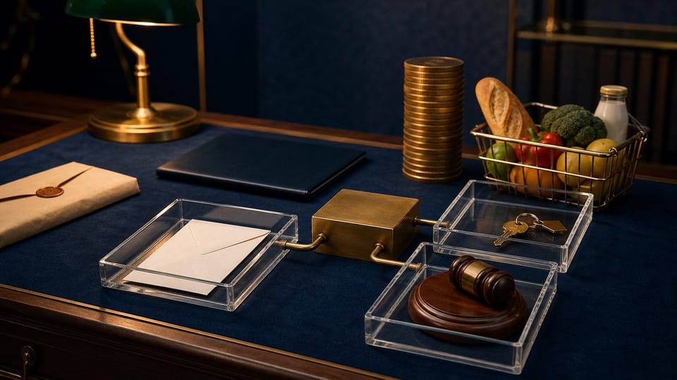 Mesa financiera con monedas, carpeta de referencia, bandejas de impuestos y gastos para ilustrar el uso de la UMA en México.