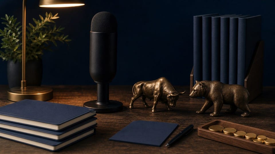 Un bureau de contenu d’investissement avec un microphone, des carnets vierges, des figurines de marché et des pièces.