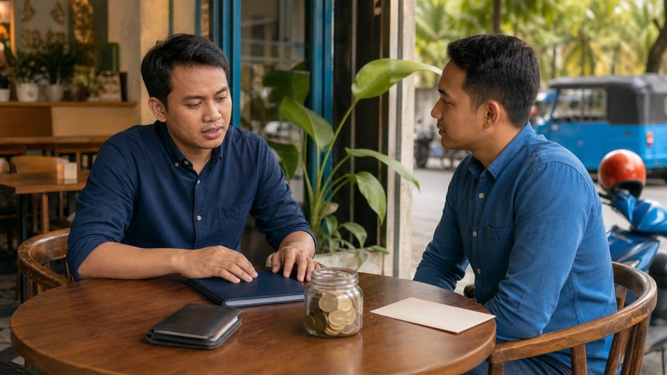 Dua teman Indonesia membahas permintaan pinjaman di meja dengan amplop kosong, dompet, dan toples koin.