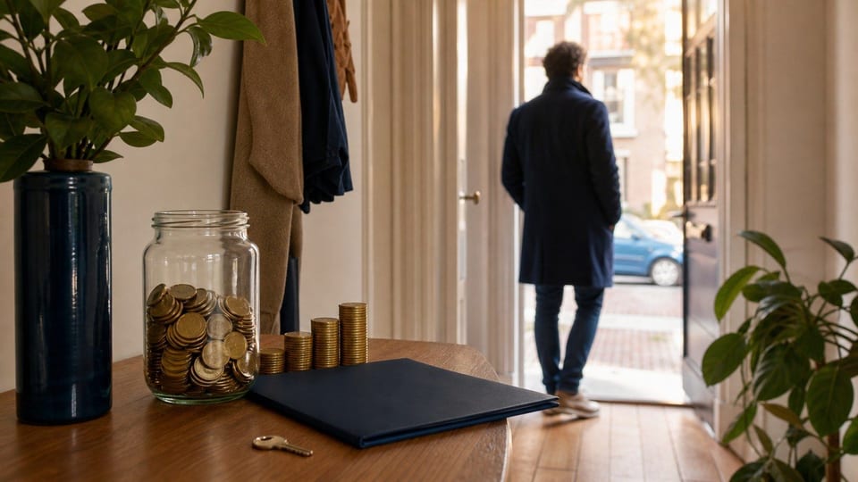 Een persoon vertrekt door een open deur terwijl muntstapels, een spaarpot en een portefeuillemap op tafel liggen.