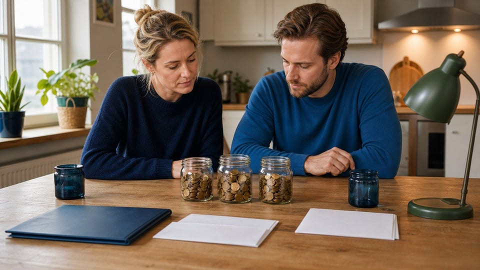 Et nordisk par planlægger fællesøkonomi ved et køkkenbord med møntglas og blanke budgetmapper.