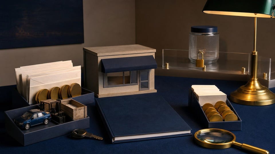 Mesa con carpeta de crédito, arrendamiento, factoraje y monedas para representar una SOFOM no bancaria.